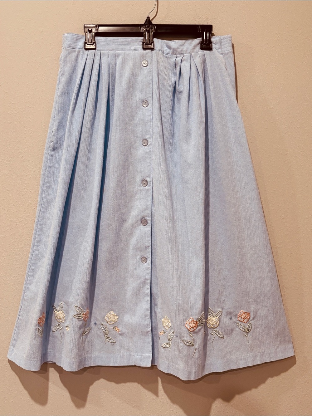 Napa Valley Light Blue Embroidered Button-Front A-Line Midi Skirt Retro Casual